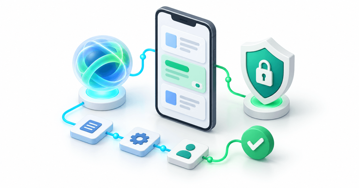 3D illustration of a mobile app connected to an abstract AI system, privacy shield and human review check