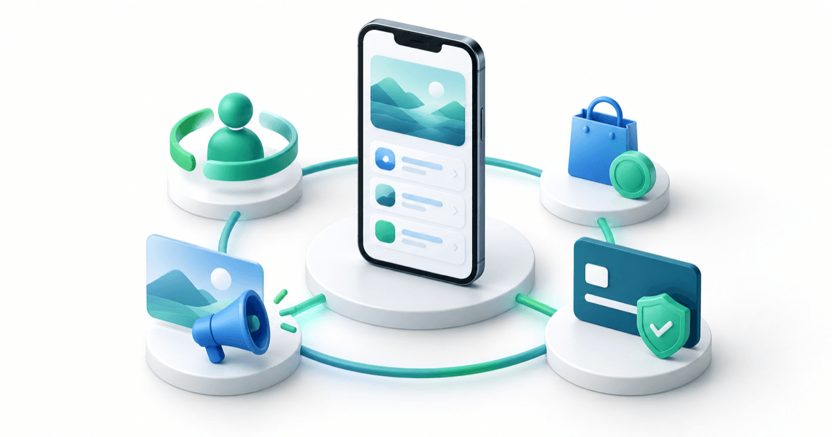 3D illustration of a mobile app connected to subscription, purchase, advertising and secure payment concepts