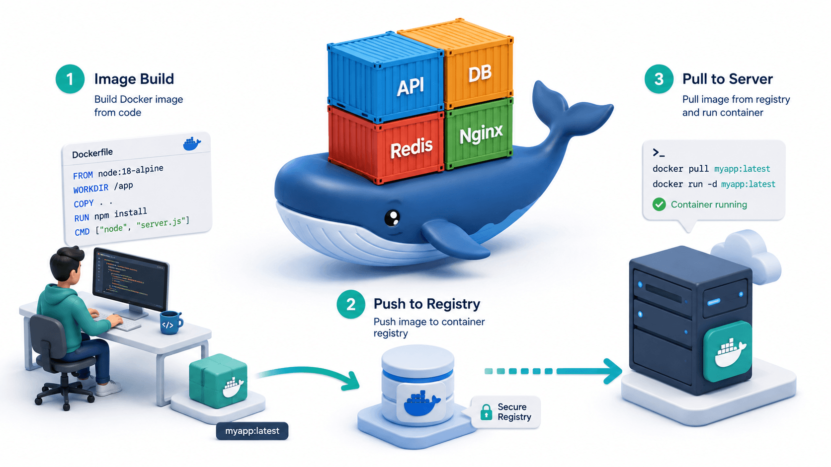 Docker containers and orchestration showing images, volumes, networking and production deployment architecture