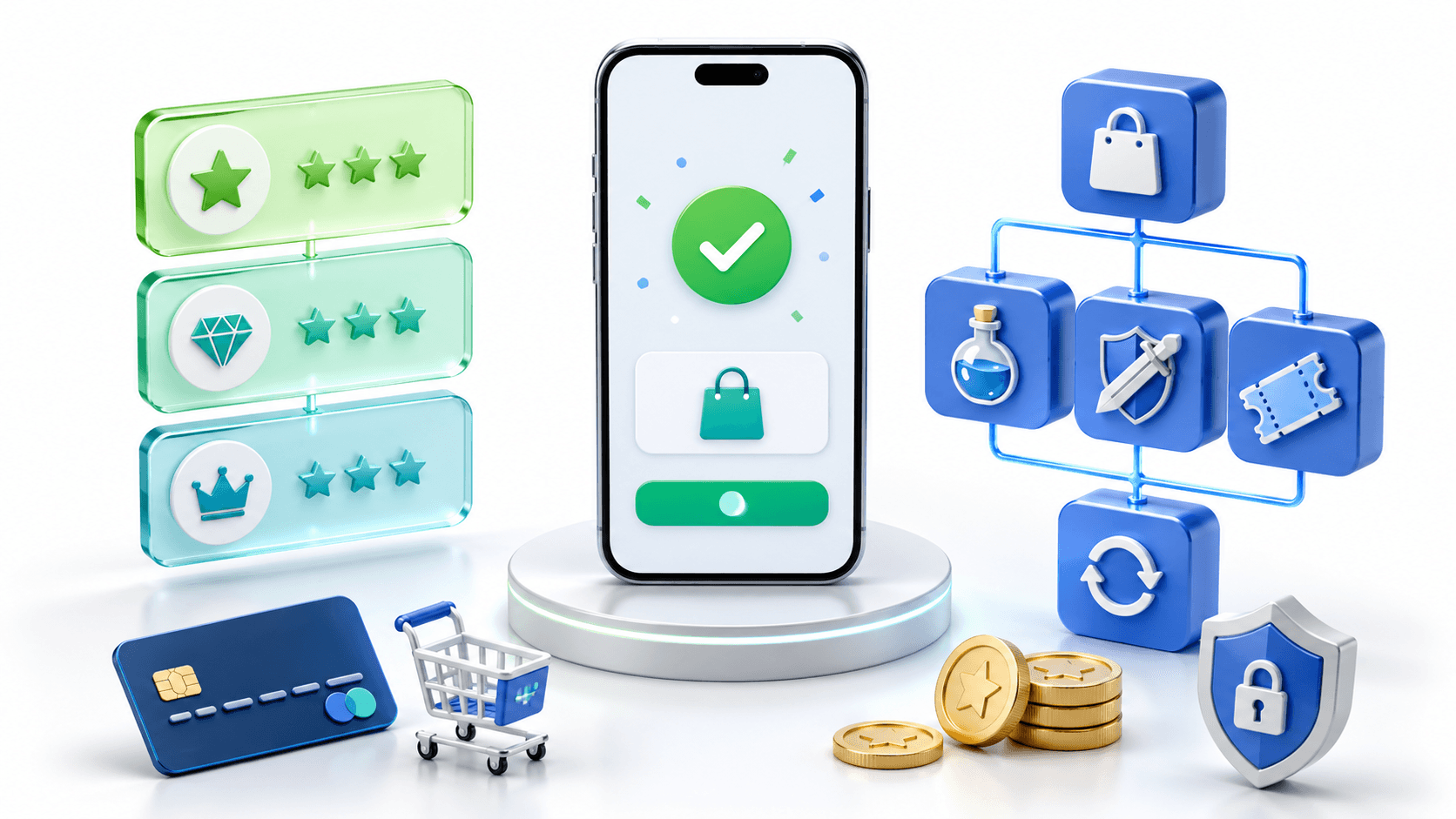 3D isometric illustration showing in-app purchase flow in a mobile application
