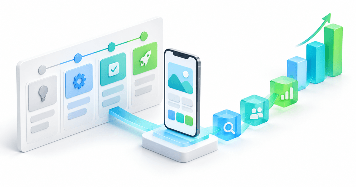 3D illustration of a mobile app prototype connected to a product roadmap and growth milestones