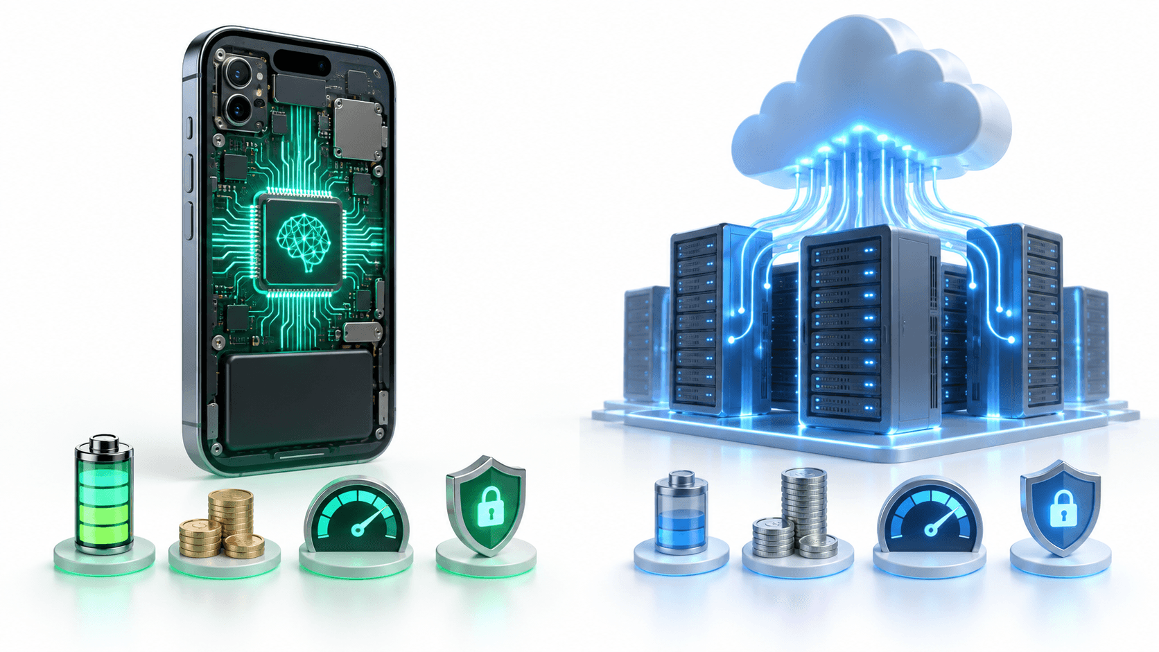 Comparison diagram of on-device neural processing versus cloud server AI cluster for mobile applications