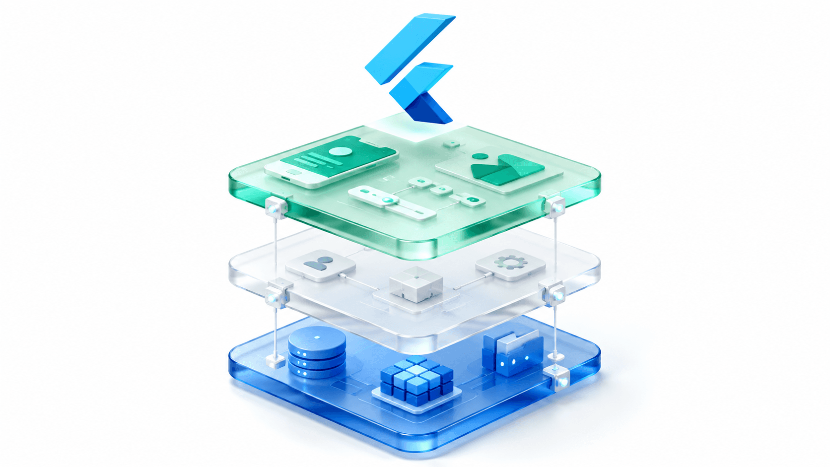 3D isometric representation of Clean Architecture layers for Flutter app development