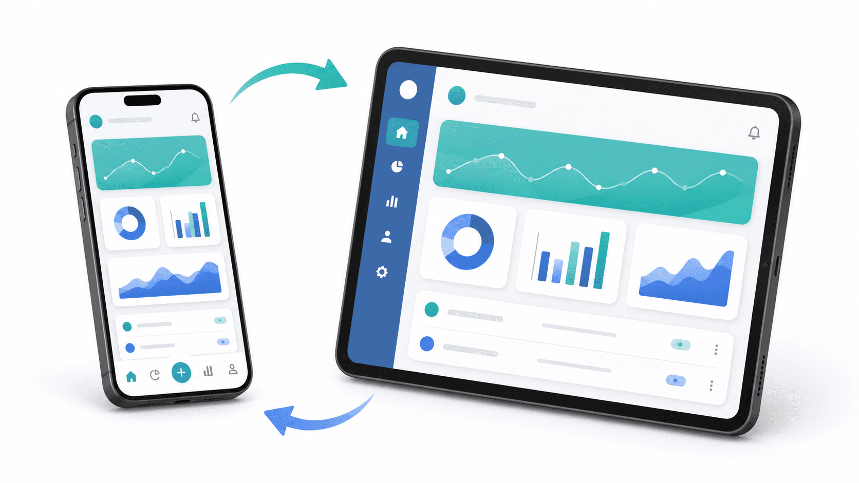 Flutter responsive design showing mobile and tablet layouts adapting to different screen sizes